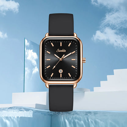 Sunkta Fashion Elegant Woman Watch Square Luxury Retro Silicone Belt Auto Date Casual Waterproof Luminous Quartz Watches for Men