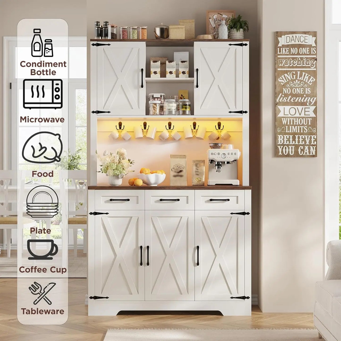 70.9" Tall Kitchen Pantry Cabinet with LED Light & Charging Station, Farmhouse Kitchen Hutch with Large Countertop & 10, Custom