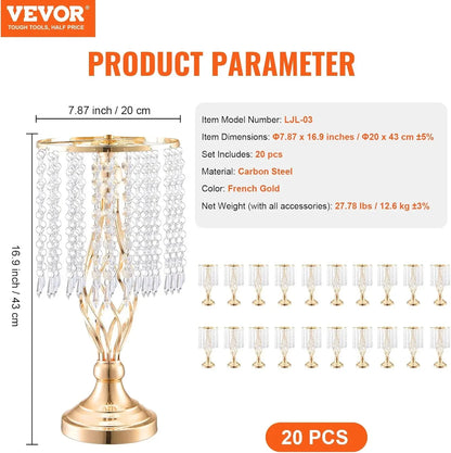 20PCS 43cm/16.9” Tall Crystal Wedding Flower Stand, Metal Wedding Centerpiece Vase, Gold Flower Holders Floral Display Rack