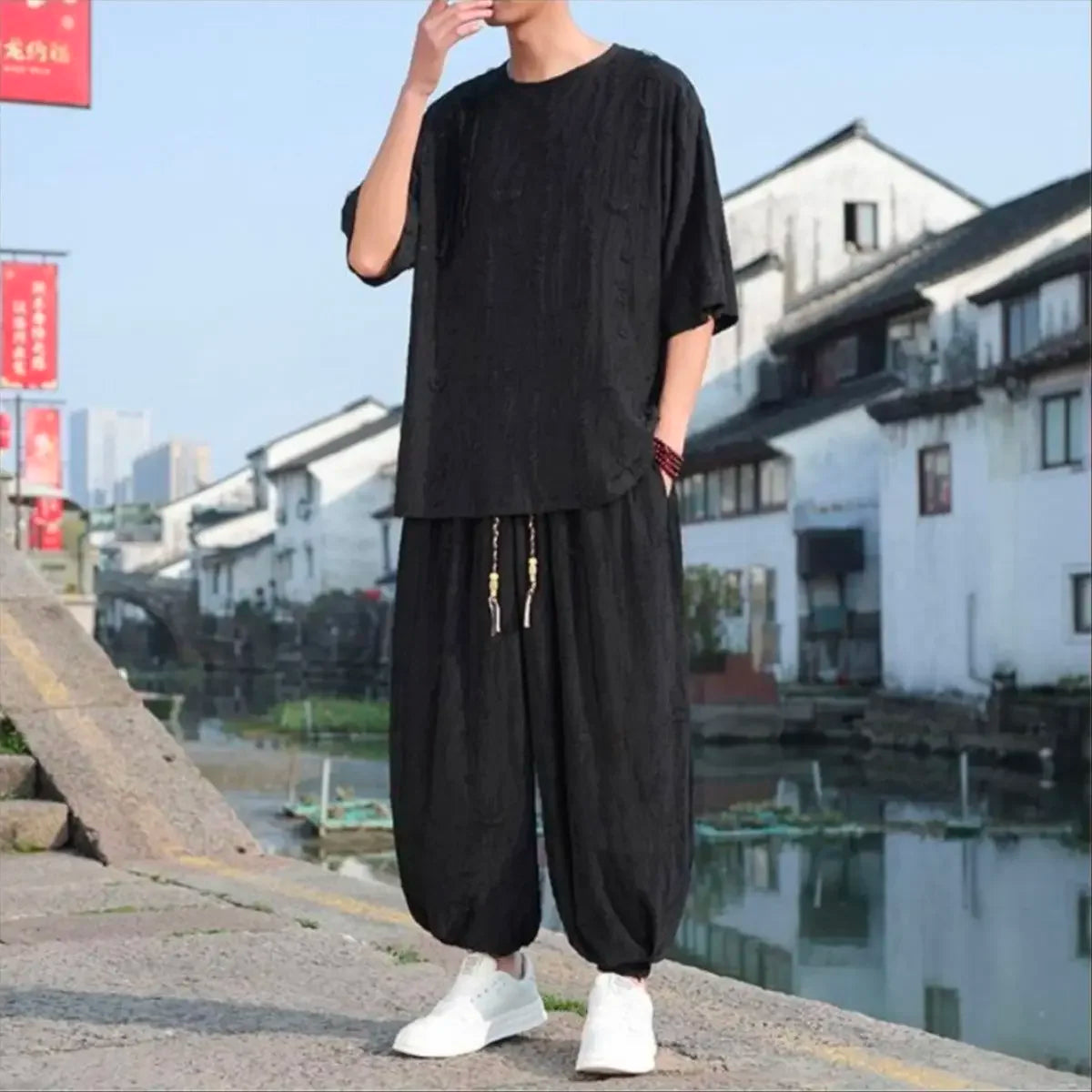 Men's Chinese Style Linen Co-ord Set Oversized Jacquard T-Shirt & Harem Pants Two Piece Outfit