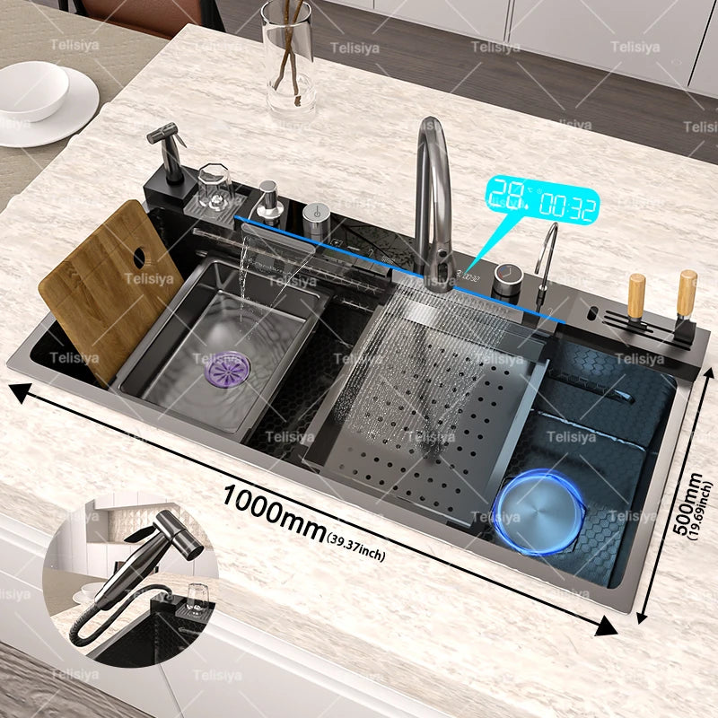 Various Waterfall kitchen Sink  Stainless Steel Multifunctional Large Single Slot Digital Display Sinks