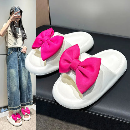 Fashion Bow Tie Slippers for Women Outdoor Thick Soft Sole Slippers Non Slip Slides Sweet Girls Beach Open Toe Shoes