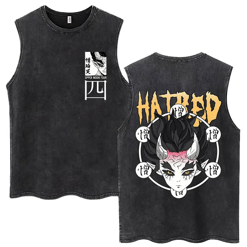 Washed Anime Demon Slayer Hashibira Inosuke Mask Face Tank Tops Men Women Vintage Fashion Cotton Sleeveless T Shirts Streetwear