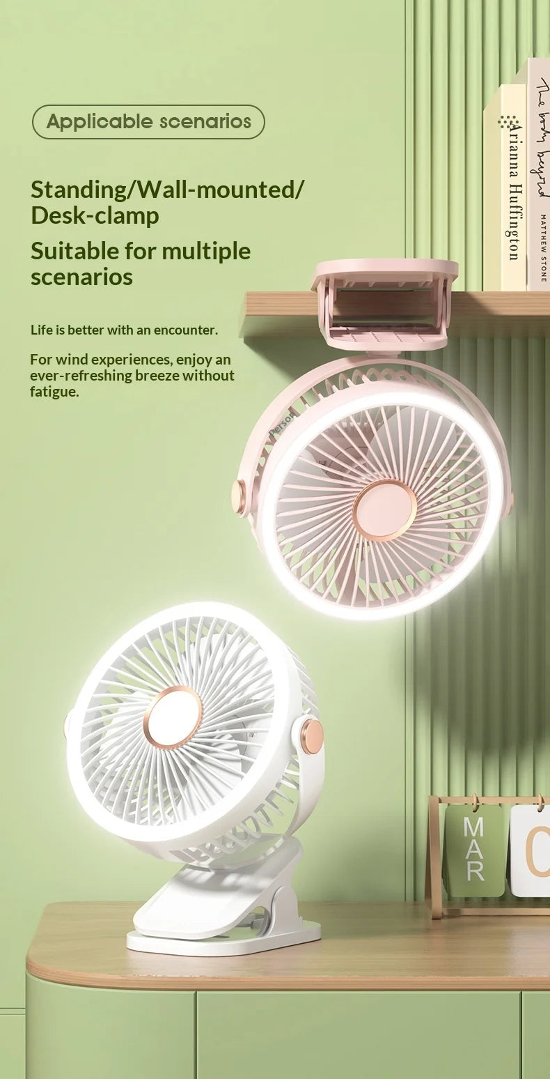 Portable Clip On Fan With LED Light, 720° Rotation Mini USB Rechargeable Fan, 5 Speed Quiet Cooling Fan For Home Office Camping