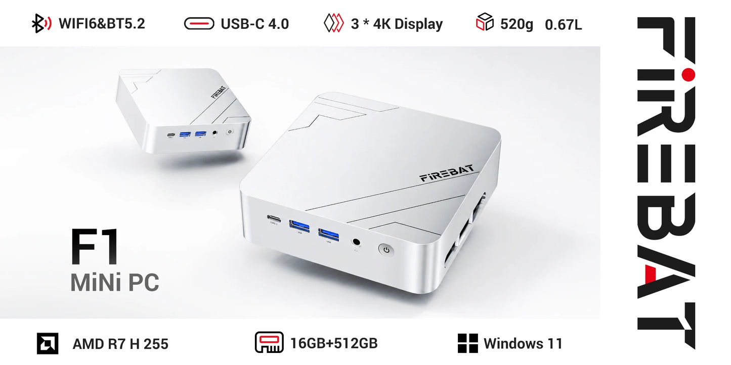 FIREBAT F1 MINI PC AMD Ryzen 7 H255 LPDDR5 16GB RAM 512GB SSD WIFI6 BT5.2 Portable Desktop MINI-PC Windows 11 Desktop Computer