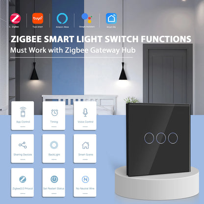 BSEED Zigbee Smart Light Switch 1/2/3Gang Wall Touch Switch Smart Life Google Alexa Tuya App Control No Neutral Wire Required