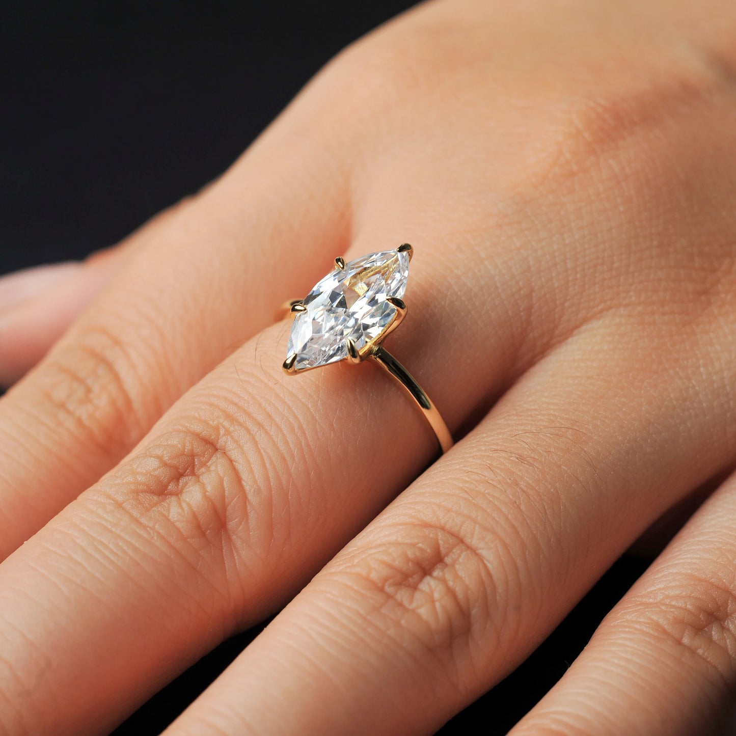 Potiy Vintage 9ct 5A Marquise Shape Cubic Zirconia Solitaire Engagement Ring For Women 925 Sterling Silver 14K Yellow Gold