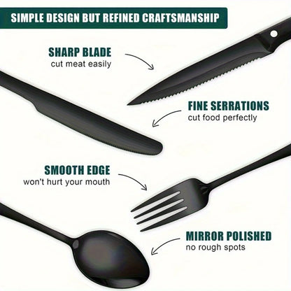 36-Piece Black Silverware Set With Steak Knives, Black Flatware Set Food-Grade Stainless Steel Tableware Cutlery Set