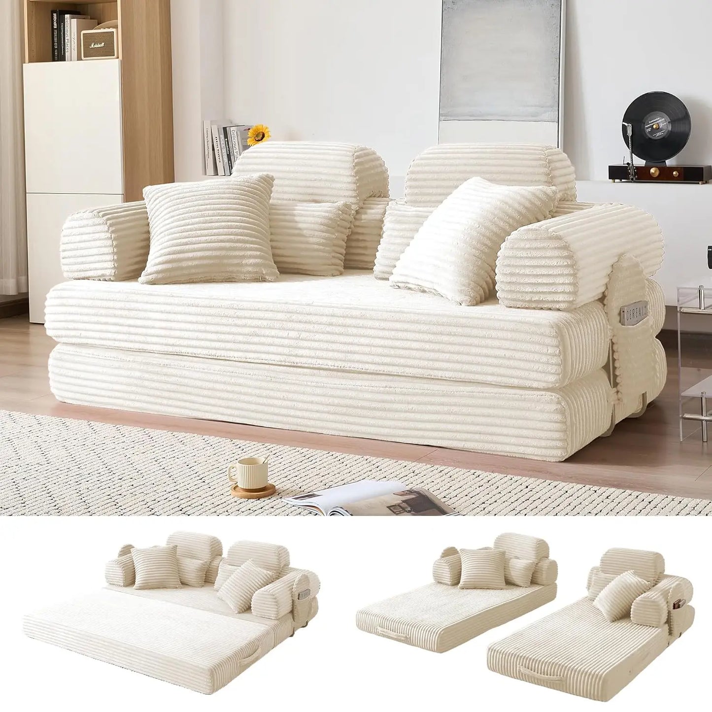 78.8in Convertible Corduroy Sleeper Sofa Bed High Backrest 5-in-1 Side Pocket Living Room No Assembly Removable Washable, Custom