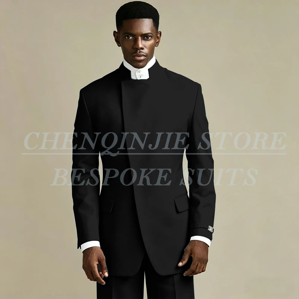Elegant Black Men's Suits 2 Piece Jacket Pants Outfits Formal Single Breasted Stand Lapel Skinny Clothing Costume Homme