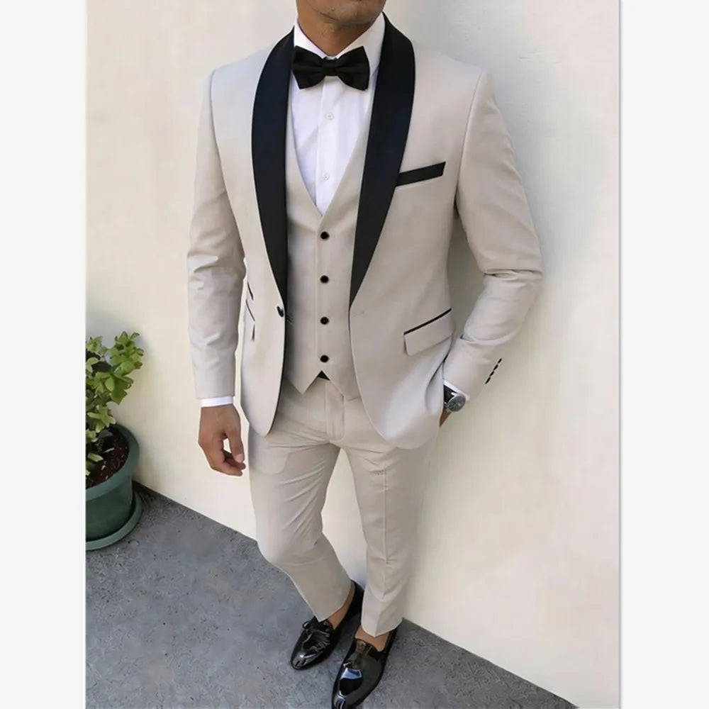 New Men's Crisp Collar Slim-fit Suit with Single Button 3pcs Suit Jacket, Dress, Business Formal Party Jacket, Vest And Trousers