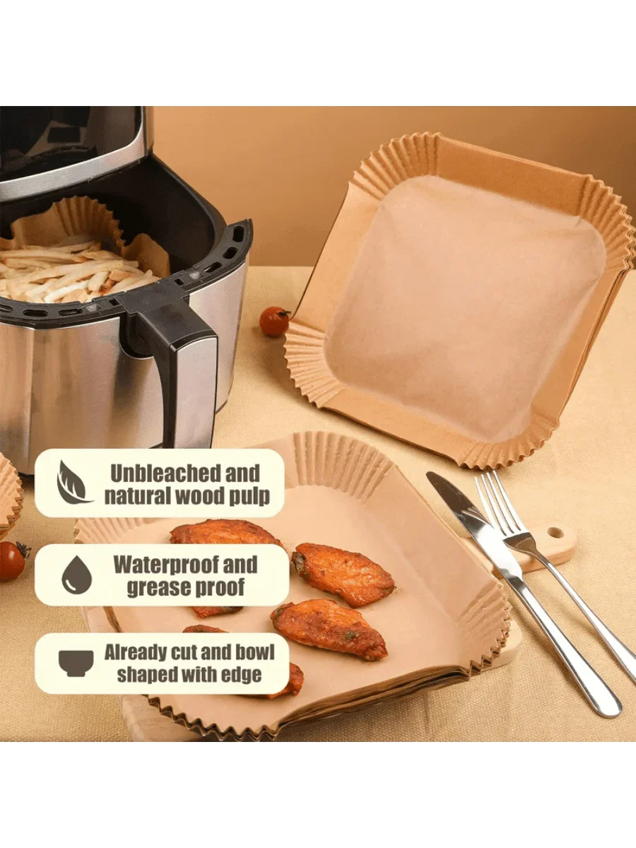 50 PCS Air Fryer Paper Liners, 9 Inch Disposable Parchment Sheets for Cooking Chicken, Fries with No Mess