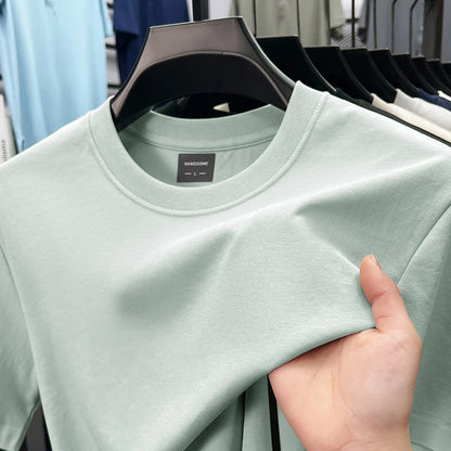 High quality luxury short sleeve T-shirt summer breathable cool silk cotton fashion solid color round neck top casual men's wear
