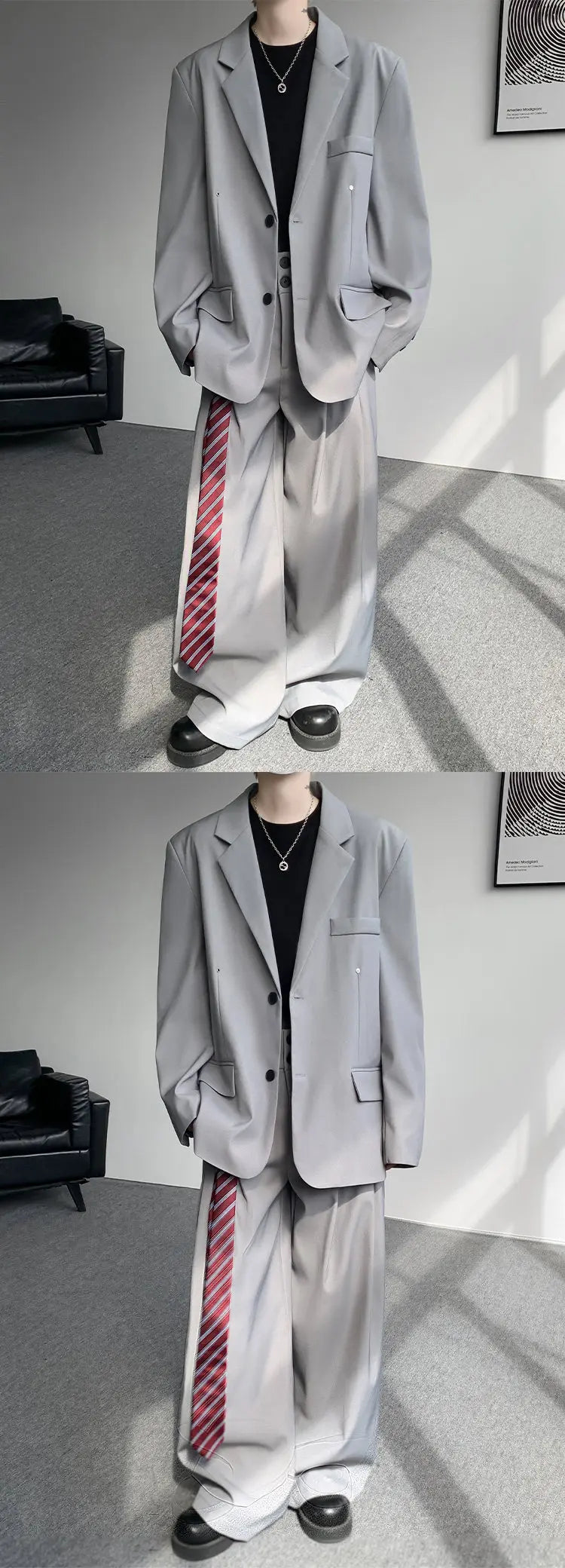 Casual suit set Men Loose fitting 2 piece suit Shoulder pads Trend Streetwear Korean 2025 NEW suit jacker+suit pants