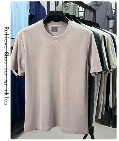 High quality luxury short sleeve T-shirt summer breathable cool silk cotton fashion solid color round neck top casual men's wear