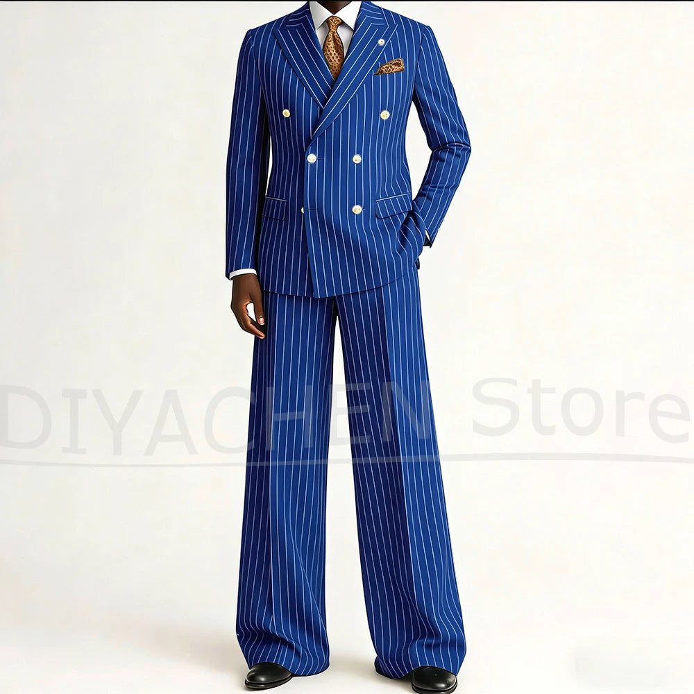 Men's Striped Double Breasted Suit Set Fashion Peak Lapel Formal Outfits 2 Piece Wedding Business Events Casual Male Suit