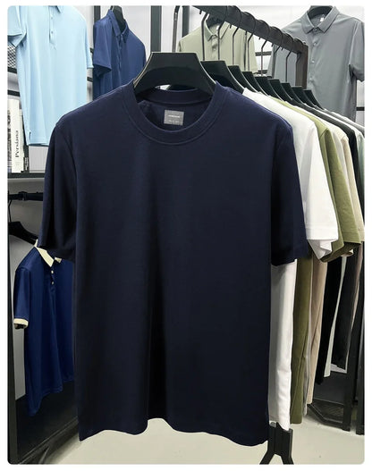 High quality luxury short sleeve T-shirt summer breathable cool silk cotton fashion solid color round neck top casual men's wear