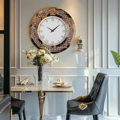 Silver,Tawny Tinted Round Mirror ,24inch Crystal Sparkle Twinkle Bling Crush Diamond Large Mirrored Wall Clock for Living Room