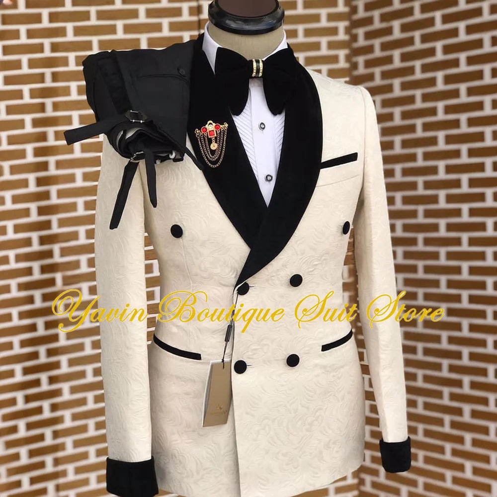 Men's 2 Pieces Suit Floral Set Double Breasted Shawl Lapel Jacket Formal Blazer Pants for Wedding Prom Dinner Party