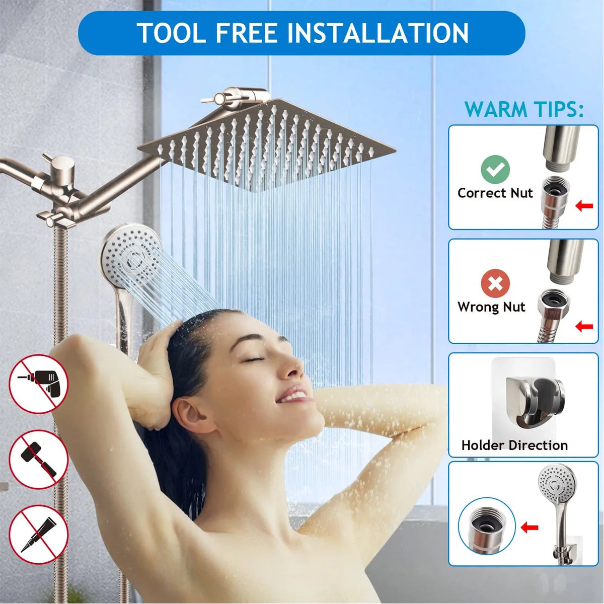 Stainless Steel 8/10 Inch Overhead Showerhead 5 Modes With Extension Arm Multi-function Hand Shower Wall Mounted Showerhead Set
