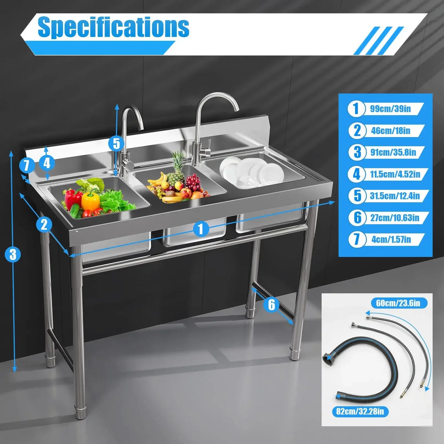 Stainless Steel 3-Compartment Sink for Catering Prep Table, Kitchen Washing Sink