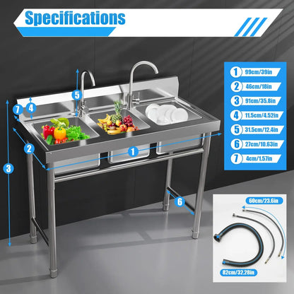 Stainless Steel 3-Compartment Sink for Catering Prep Table, Kitchen Washing Sink