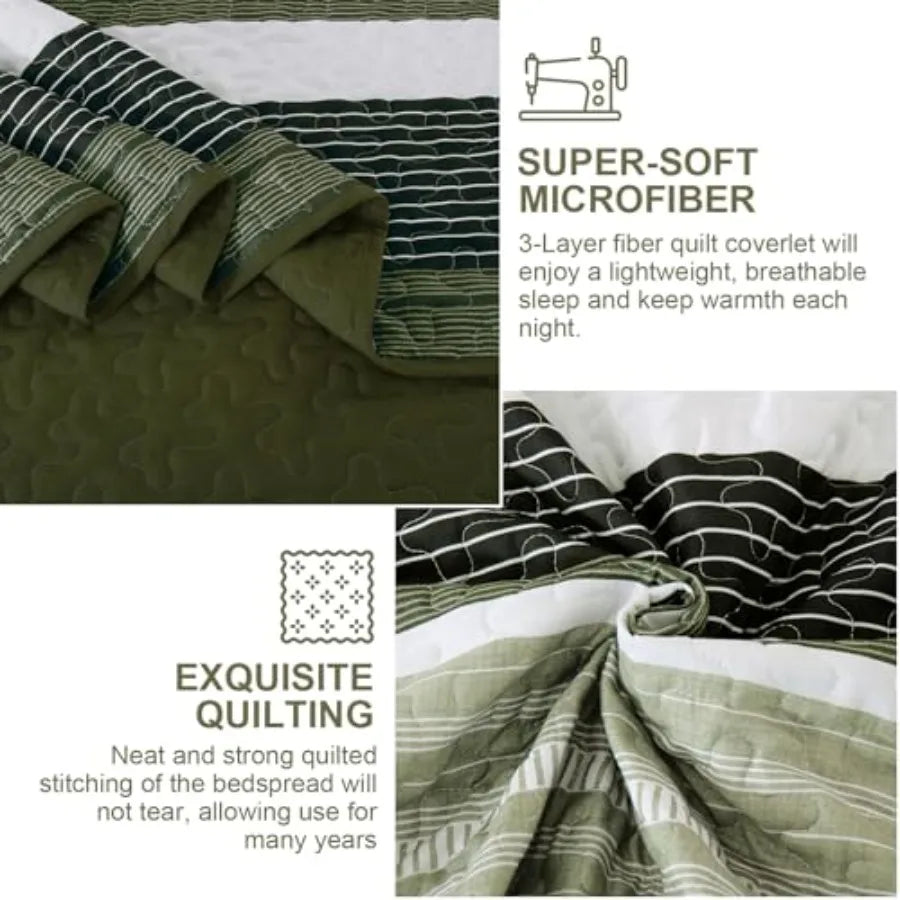 King Size Quilt Set Sage Green Striped 3 Piece Summer Patchwork Bedspreads Coverlet Soft Lightweight Bedding Set with 2 Pillow