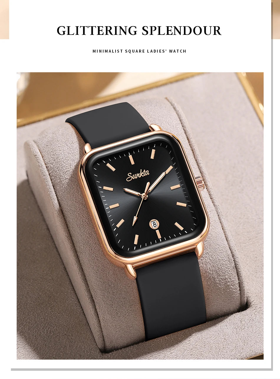 Sunkta Fashion Elegant Woman Watch Square Luxury Retro Silicone Belt Auto Date Casual Waterproof Luminous Quartz Watches for Men