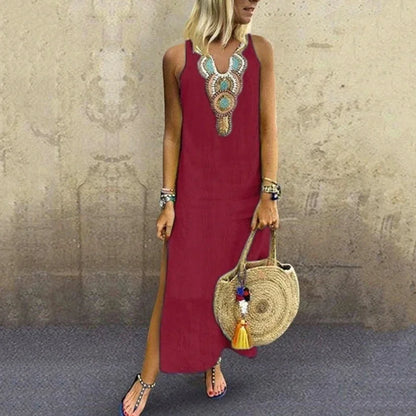 Women's Sleeveless Deep V-Neck Side Split Dress, Bohemian Sexy Dress, Casual, New