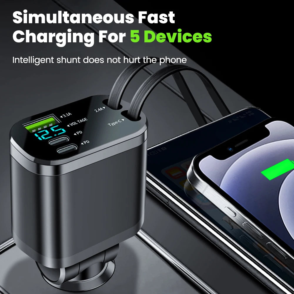 Elough Digital Display Car Charger with Retractable Cable PD Car Fast Charger for iPhone Xiaomi Huawei Samsung