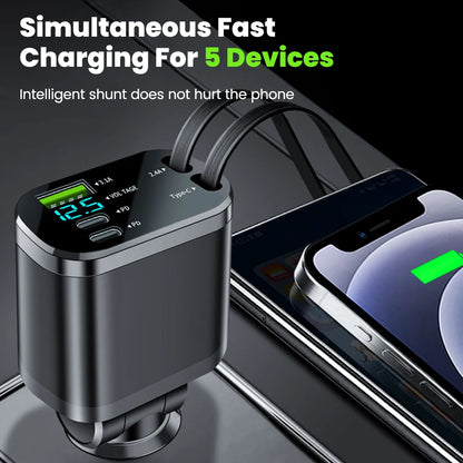Elough Digital Display Car Charger with Retractable Cable PD Car Fast Charger for iPhone Xiaomi Huawei Samsung