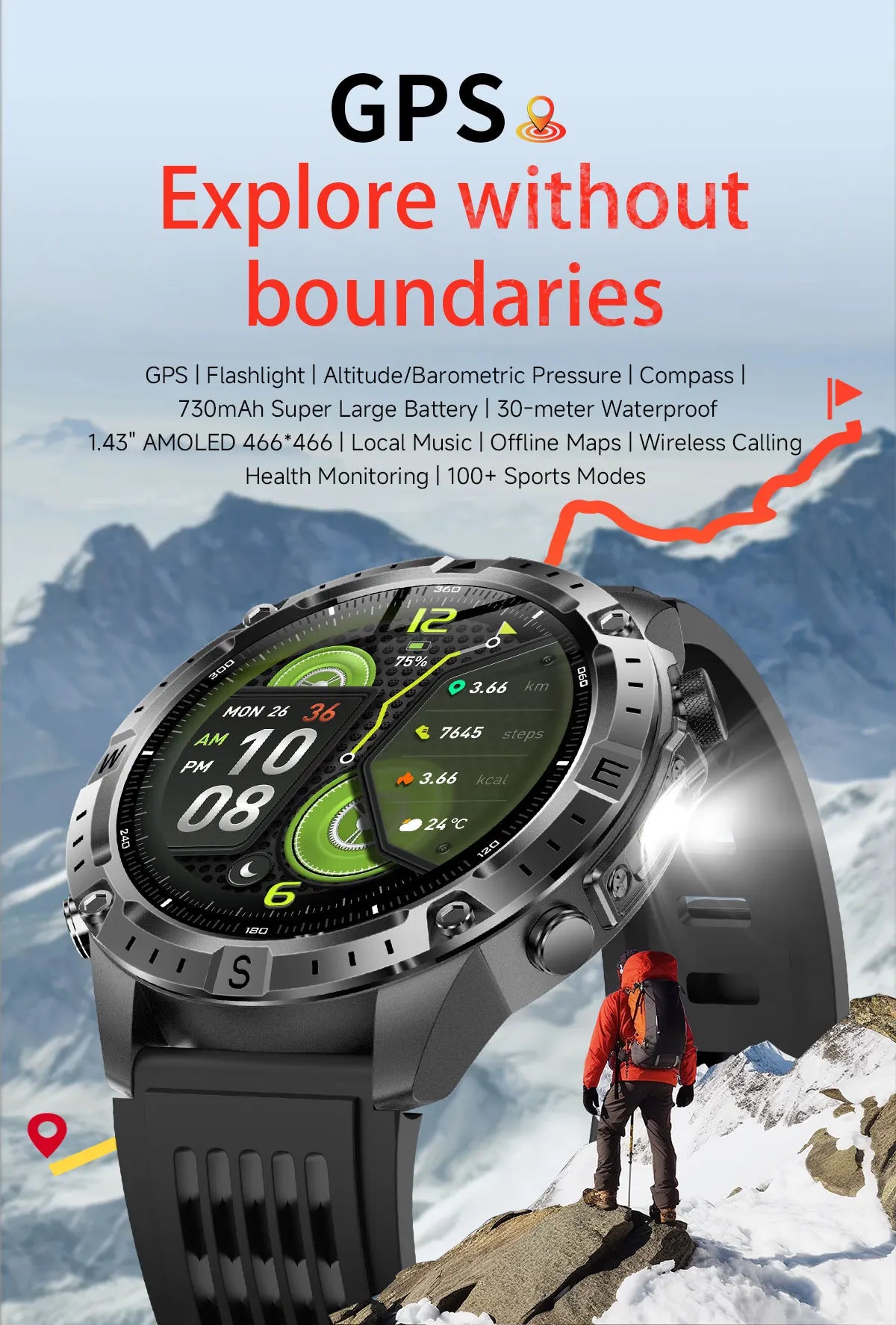 2026 Offline Map New Smart Watch 3ATM Waterproof GPS Navigation Compass Altimeter Flashlight Men 170+ Sports Bracelet Men Women