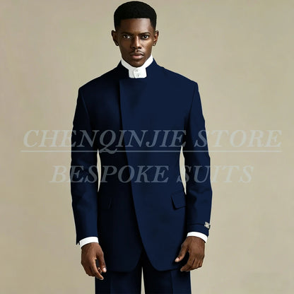Elegant Black Men's Suits 2 Piece Jacket Pants Outfits Formal Single Breasted Stand Lapel Skinny Clothing Costume Homme