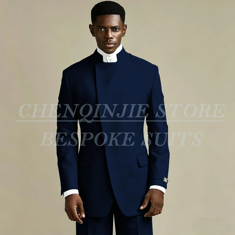 Elegant Black Men's Suits 2 Piece Jacket Pants Outfits Formal Single Breasted Stand Lapel Skinny Clothing Costume Homme