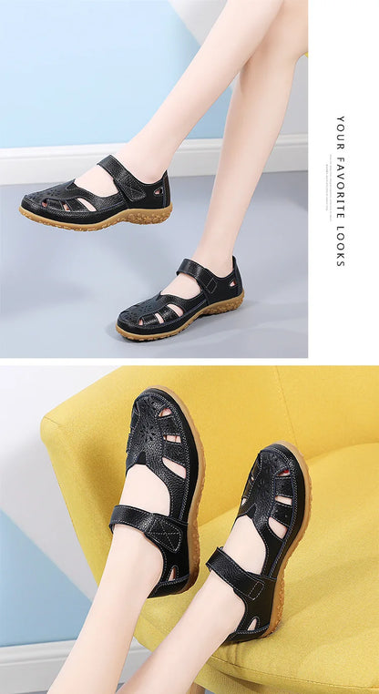 WOIZGIC Female Ladeis Mother Women's Genuine Leather Loater Flats Sandals Shoes Summer Cool Soft Outside Beach