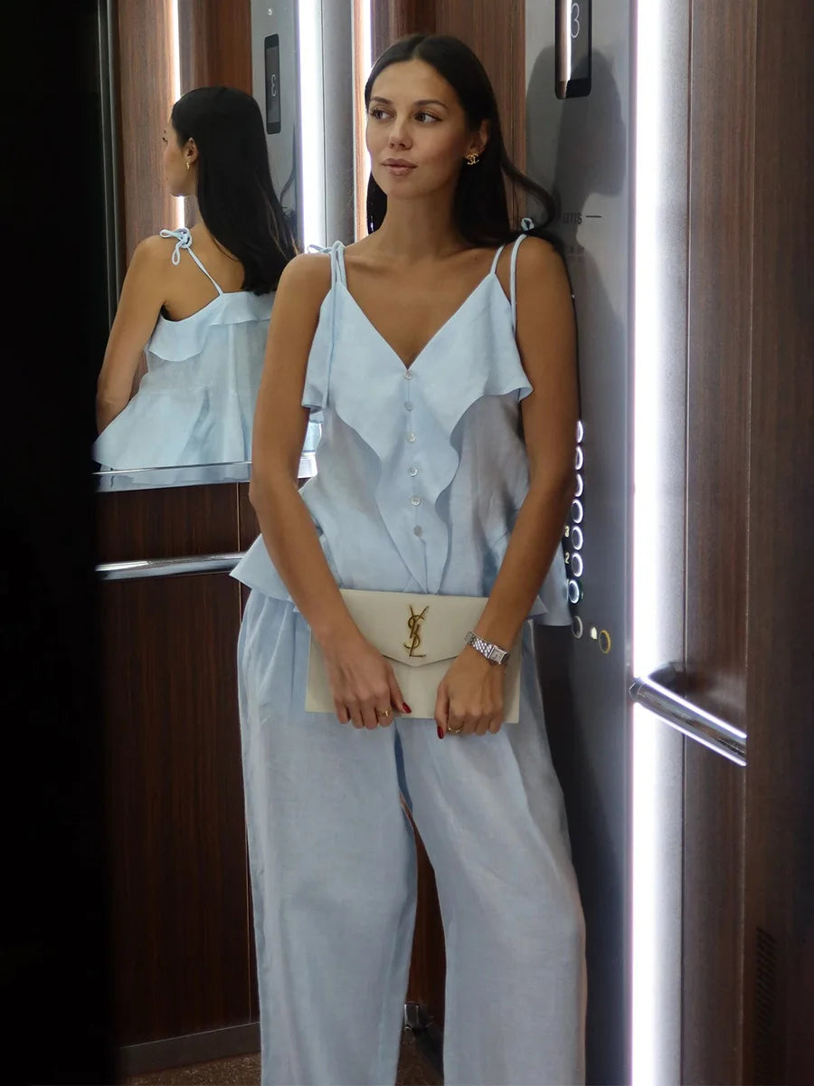 Bornladies 2026 Spring Summer New Cotton Solid Color Blue Set Ruffle Button Strap Top Casual Long Wide Leg Pants