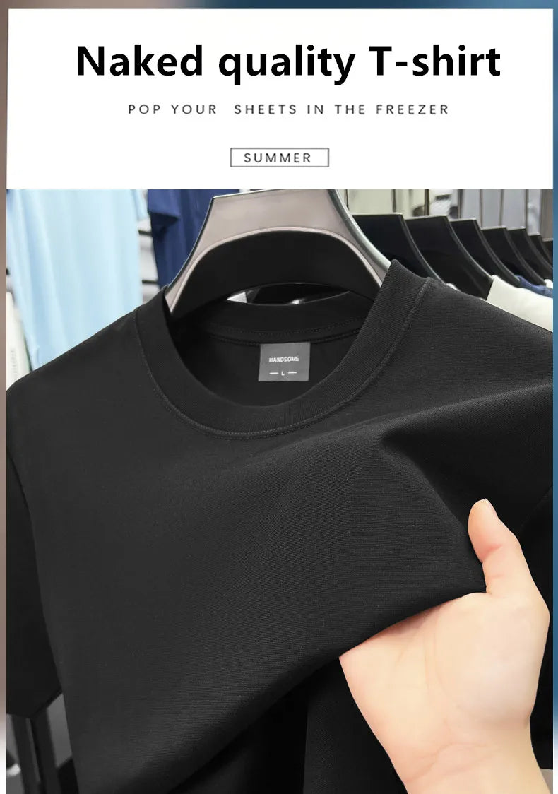 High quality luxury short sleeve T-shirt summer breathable cool silk cotton fashion solid color round neck top casual men's wear