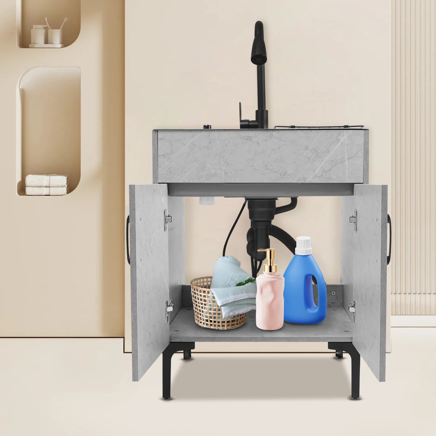 Freestanding Kitchen Sink Cabinet with Pull Out Faucet, Grey Stainless Steel Laundry Utility Sink with Drain Board