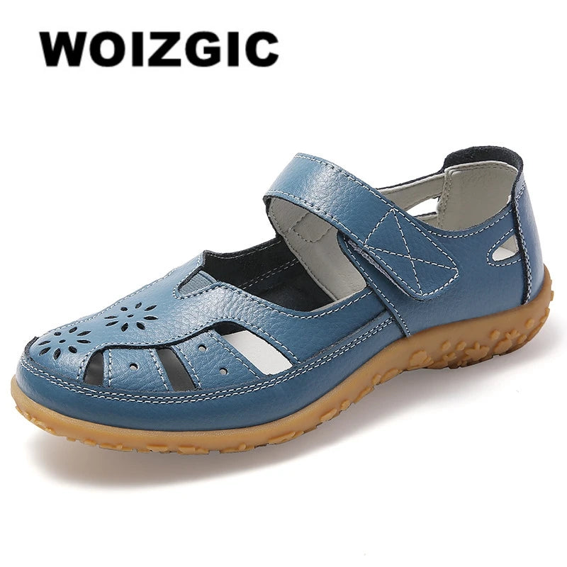 WOIZGIC Female Ladeis Mother Women's Genuine Leather Loater Flats Sandals Shoes Summer Cool Soft Outside Beach