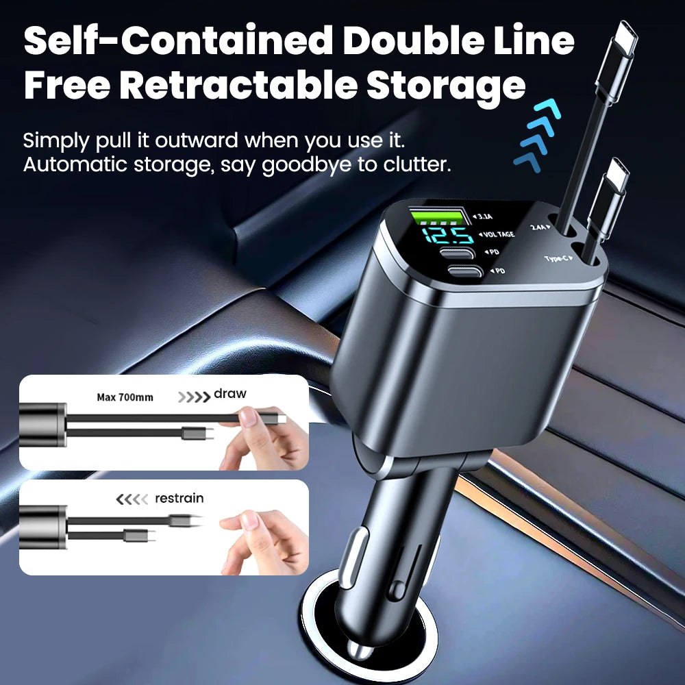Elough Digital Display Car Charger with Retractable Cable PD Car Fast Charger for iPhone Xiaomi Huawei Samsung