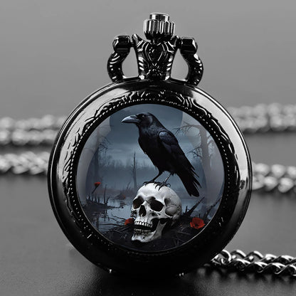 Gothic Design Black Raven Pocket Watch with Necklace Alloy Case & Band,Quartz Movement, Non-Waterproof Watch for Men Women Kids