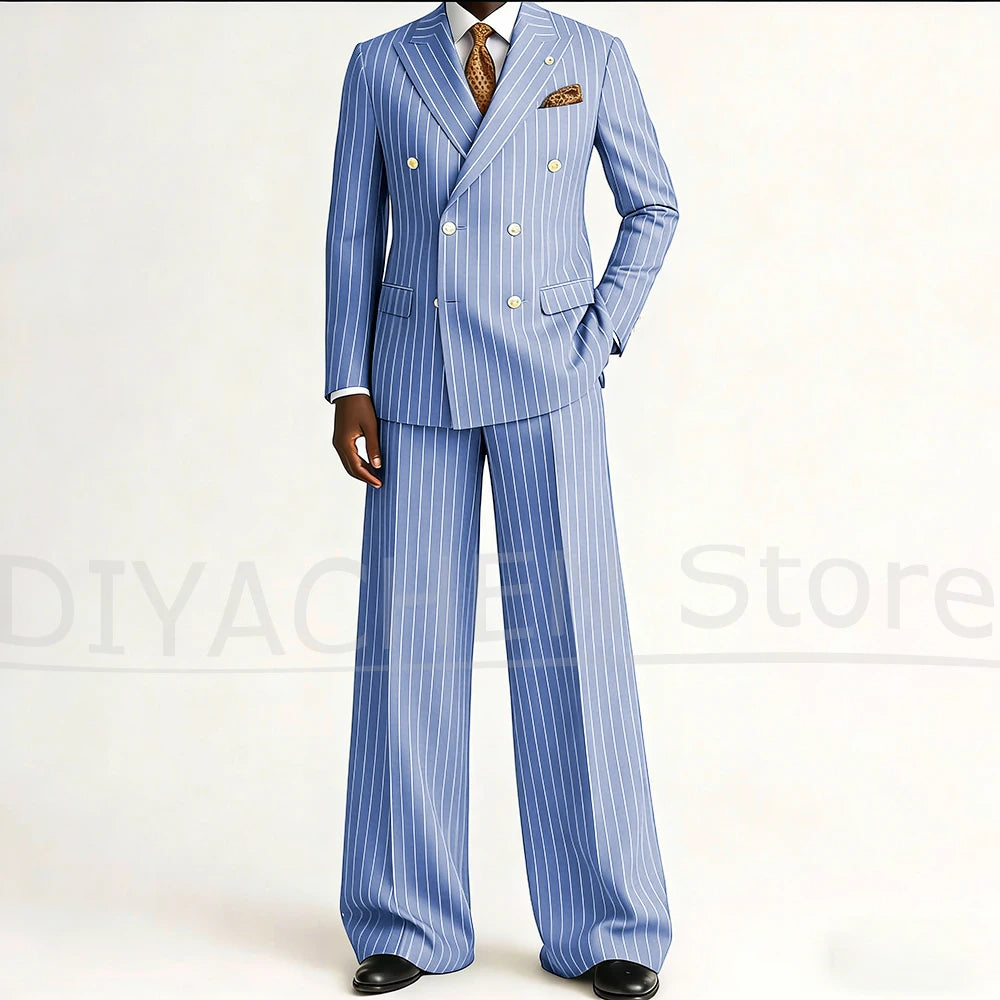 Men's Striped Double Breasted Suit Set Fashion Peak Lapel Formal Outfits 2 Piece Wedding Business Events Casual Male Suit