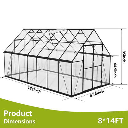 8x14 Aluminum Frame Polycarbonate Greenhouse Lockable Door Adjustable Roof Vent Heavy Duty Backyard Garden Patio Use, Custom