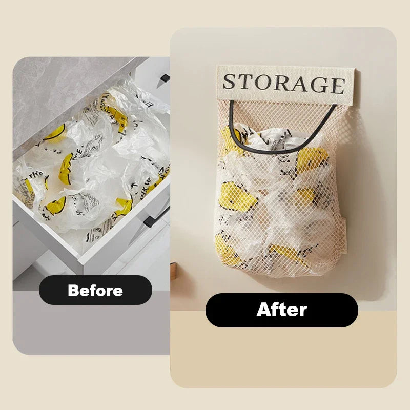 1/4PCS Wall Mount Mesh Storage Bag Garbage Holder Plastic Shopping Bags Dispenser Sundries Bag Net Storage Grocery Bag Organizer