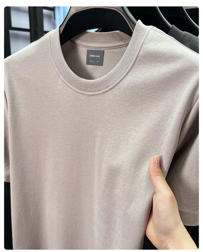 High quality luxury short sleeve T-shirt summer breathable cool silk cotton fashion solid color round neck top casual men's wear