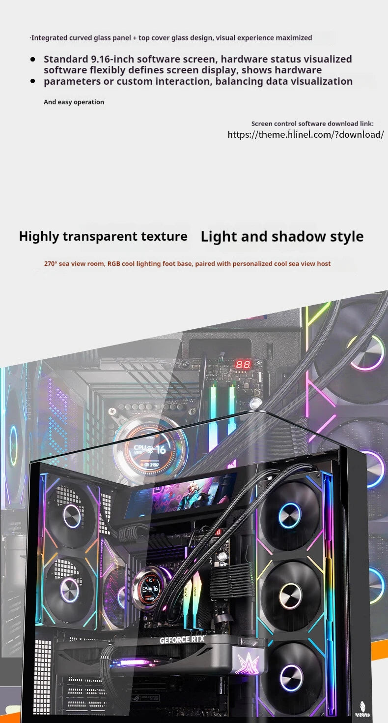 WJCOOLMAN AITO Plus ATX PC case 9.16-inch screen RGB light strip 360 water cooler Integrated curved glass computer case