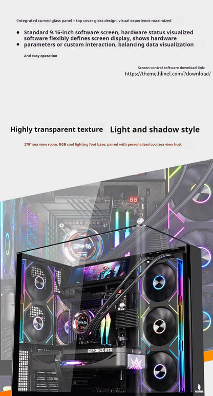 WJCOOLMAN AITO Plus ATX PC case 9.16-inch screen RGB light strip 360 water cooler Integrated curved glass computer case