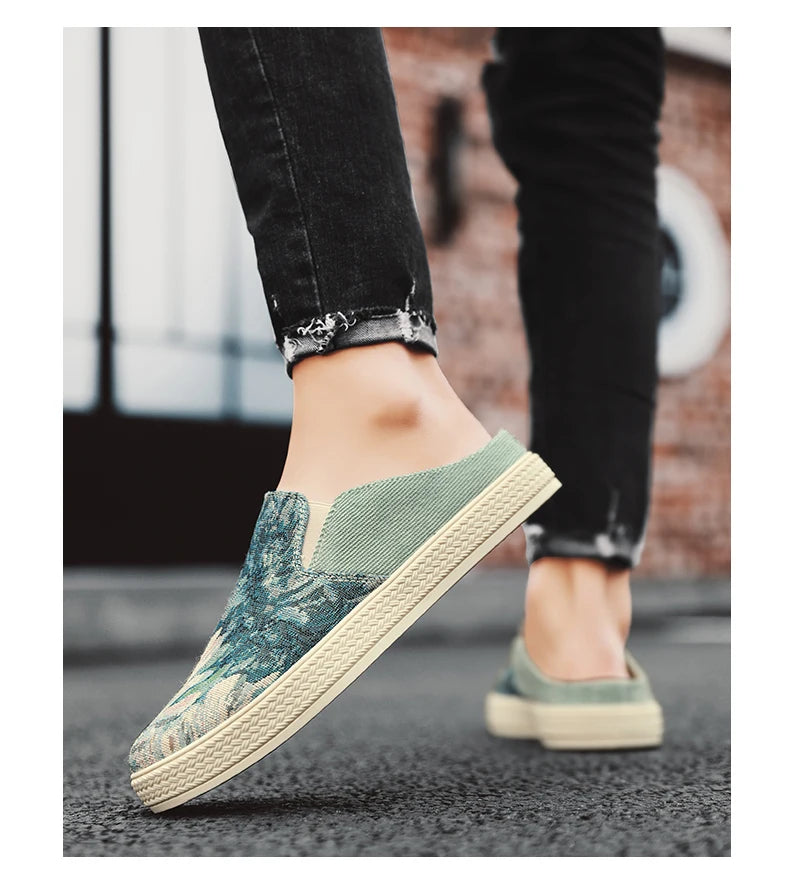 Men's canvas slippers summer new breathable outdoor soft-sole casual slippers party sandals Joker tide half slippers cloth shoes