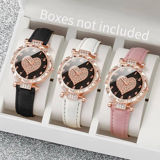 3PCS Women Watches Set Fashion Rhinestone Heart Dial Quartz Watch Female Leather Strap Wristwatch Reloj Mujer（Without Box）
