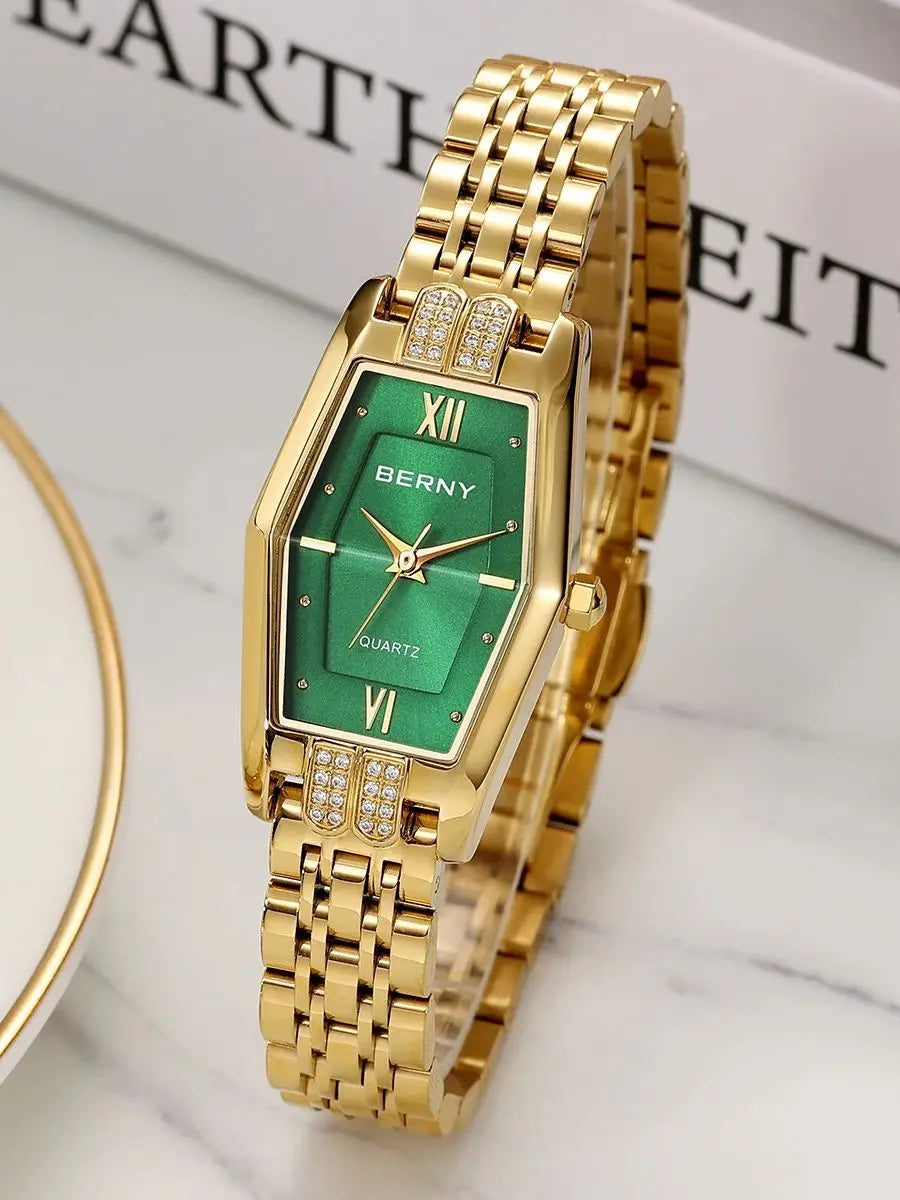 BERNY Gold Watches for Women Elegant Dainty Hexagon Ladies Quartz Wrist Watches Stainless Steel Band Fashion Luxury Bracelet